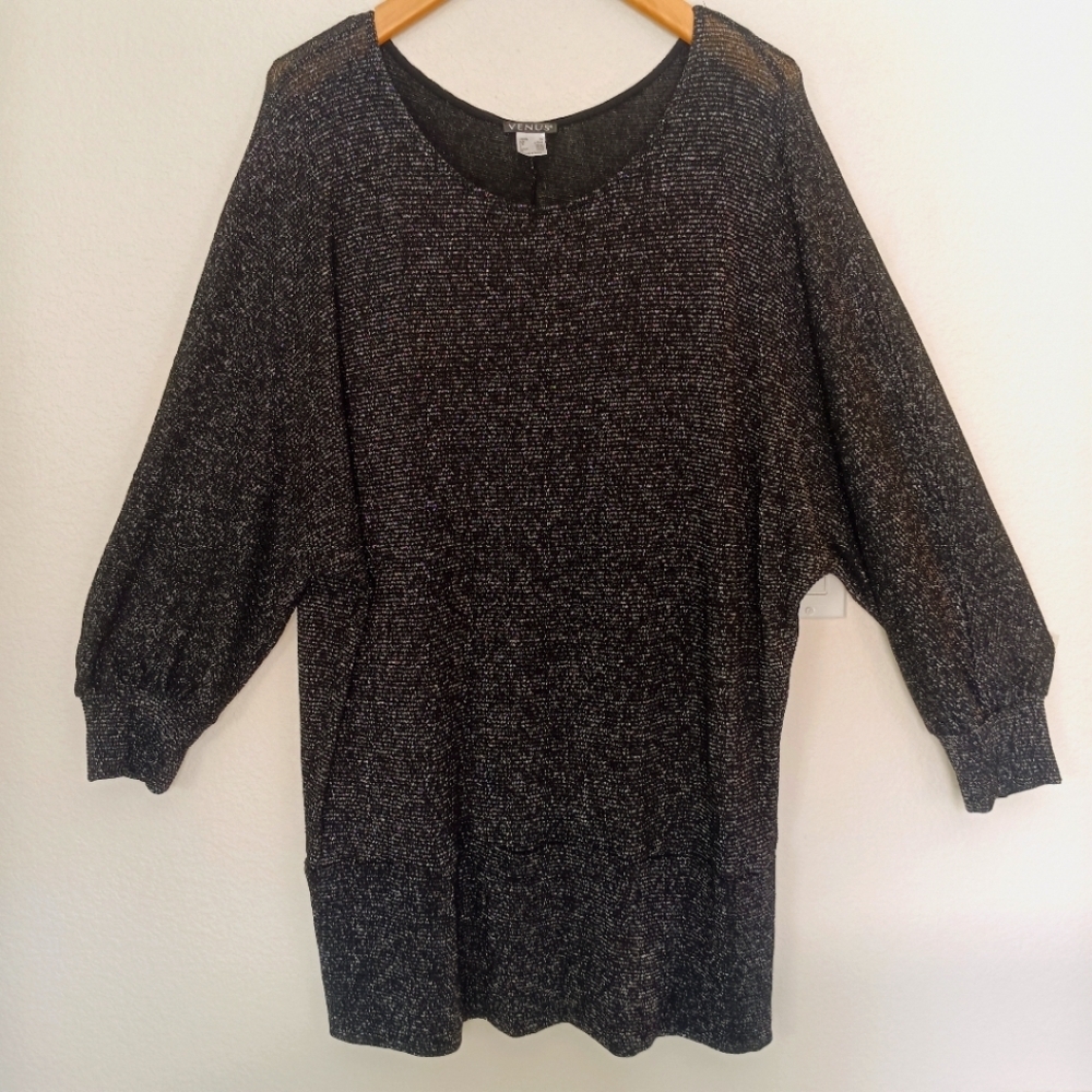 Venus Blouse Size‎ 3X Dolman Sleeve Black with Silver Sparkles Glitter Tunic